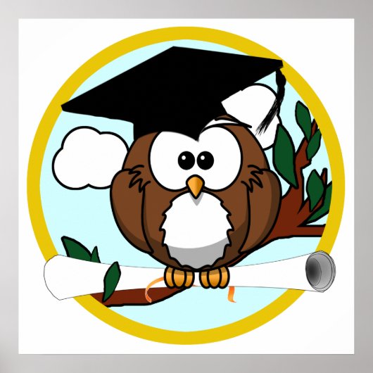Kute Cartoon Afstuderen Owl with Pet & diploma Poster (Voorkant)