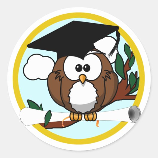 Kute Cartoon Afstuderen Owl with Pet & diploma Ronde Sticker (Voorkant)