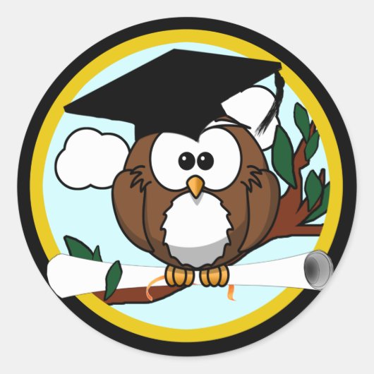 Kute Cartoon Afstuderen Owl with Pet & diploma Ronde Sticker (Voorkant)