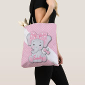 Kute cartoon baby olifant op een roze witte polka tote bag (Dichtbij)