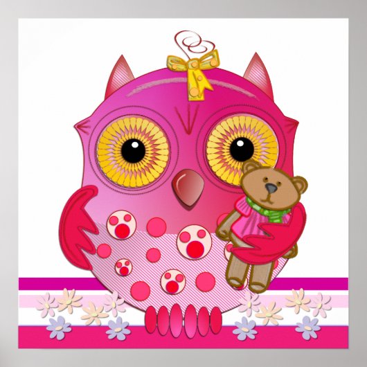 Kute Cartoon Baby Owl poster met Beer (Voorkant)
