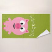 Kute Cartoon Boerderij Pig. - Roze en kalkgroen Badhanddoek (Badhanddoek)