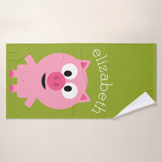 Kute Cartoon Boerderij Pig. - Roze en kalkgroen Badhanddoek (Badhanddoek)