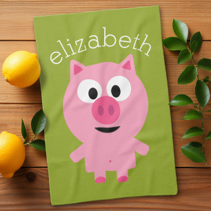 Kute Cartoon Boerderij Pig. - Roze en kalkgroen Theedoek