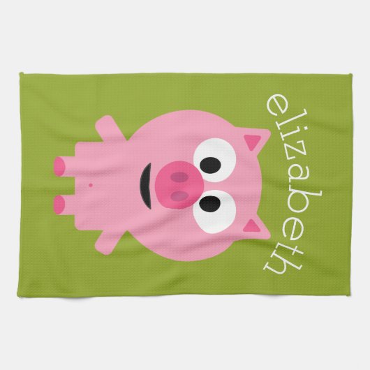 Kute Cartoon Boerderij Pig. - Roze en kalkgroen Theedoek (Horizontaal)