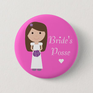 Kute Cartoon Bride's Posse Bachelorette Party Pink Ronde Button 5,7 Cm