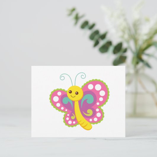 Kute Cartoon Butterfly, roze, geel, groen Briefkaart (Staand voorkant)