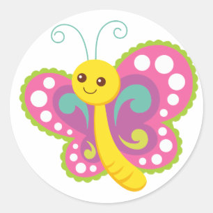 Kute Cartoon Butterfly, roze, geel, groen Ronde Sticker