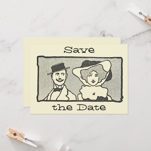 Kute  Cartoon Couple Save the Date Kaart (Voorkant / Achterkant in situ)