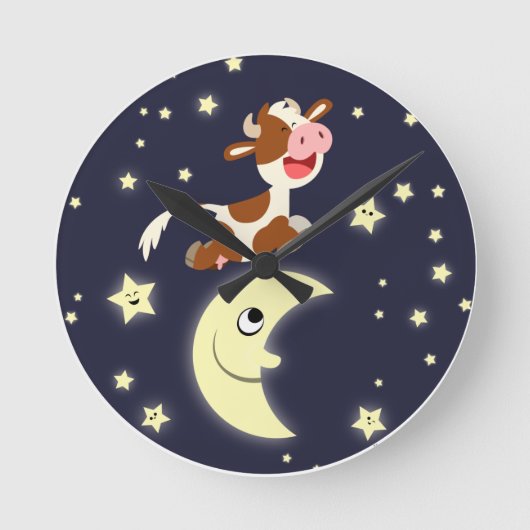 Kute Cartoon Cow die over de maan springt Ronde Klok (Voorkant)
