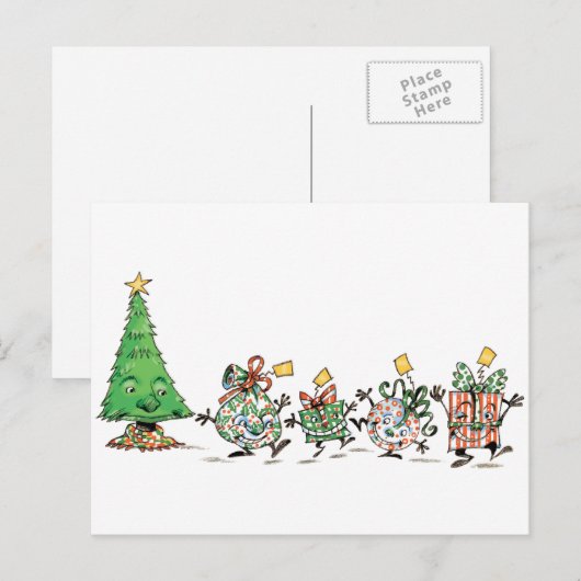 Kute Cartoon dansende kerstcadeautjes en bomen Feestdagenkaart (Voorkant / Achterkant)