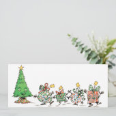 Kute Cartoon dansende kerstcadeautjes en bomen Feestdagenkaart (Staand voorkant)