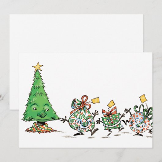 Kute Cartoon dansende kerstcadeautjes en bomen Feestdagenkaart (Voorkant / Achterkant)