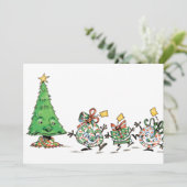 Kute Cartoon dansende kerstcadeautjes en bomen Feestdagenkaart (Staand voorkant)