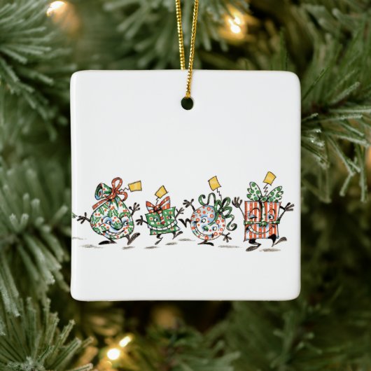 Kute Cartoon dansende kerstcadeautjes en bomen Keramisch Ornament (Boom)