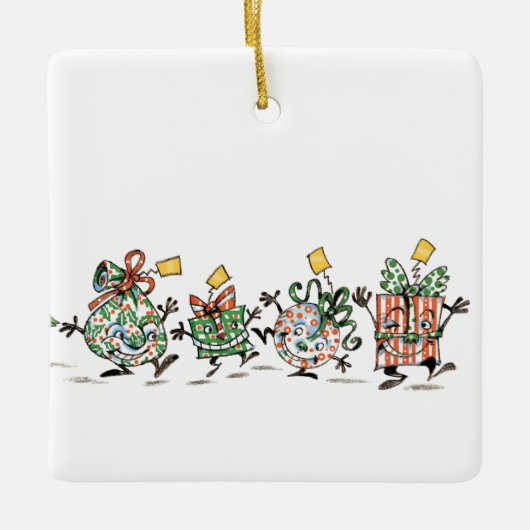 Kute Cartoon dansende kerstcadeautjes en bomen Keramisch Ornament (Voorkant)