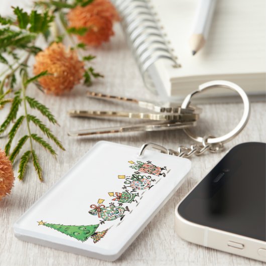 Kute Cartoon dansende kerstcadeautjes en bomen Sleutelhanger (Voorkant Rechts)