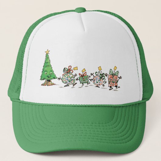 Kute Cartoon dansende kerstcadeautjes en bomen Trucker Pet (Voorkant)