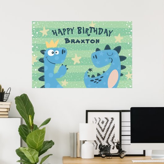 Kute Cartoon Dinosaurs Boys Birthday Party Banner Poster (Thuiskantoor)