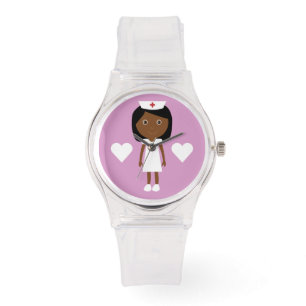 Kute Cartoon Etnische verpleegsters en harten Roze Horloge