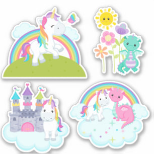 Kute Cartoon Fantasy Unicorns en Dragon Stickers
