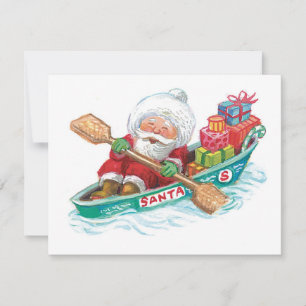 Kute Cartoon Jolly Santa Claus in een rijboot Feestdagenkaart