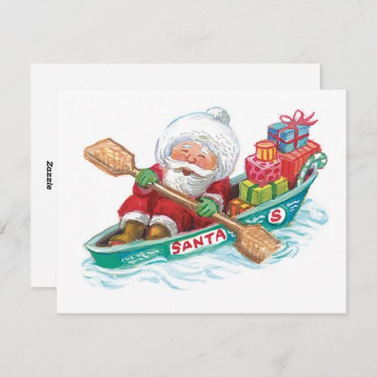 Kute Cartoon Jolly Santa Claus in een rijboot Feestdagenkaart (Voorkant / Achterkant)