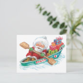 Kute Cartoon Jolly Santa Claus in een rijboot Feestdagenkaart (Staand voorkant)
