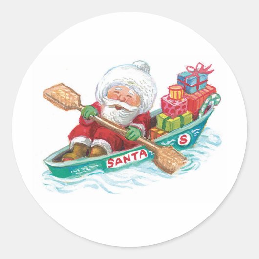 Kute Cartoon Jolly Santa Claus in een rijboot Ronde Sticker (Voorkant)