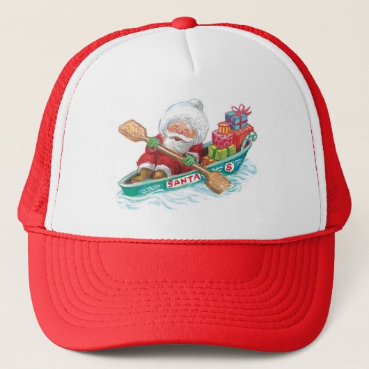 Kute Cartoon Jolly Santa Claus in een rijboot Trucker Pet (Voorkant)