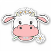 Kute Cartoon Koe Kaak een Daisy | Kawaii Sticker (Voorkant)