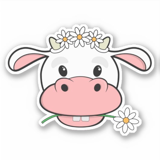 Kute Cartoon Koe Kaak een Daisy | Kawaii Sticker (Voorkant)