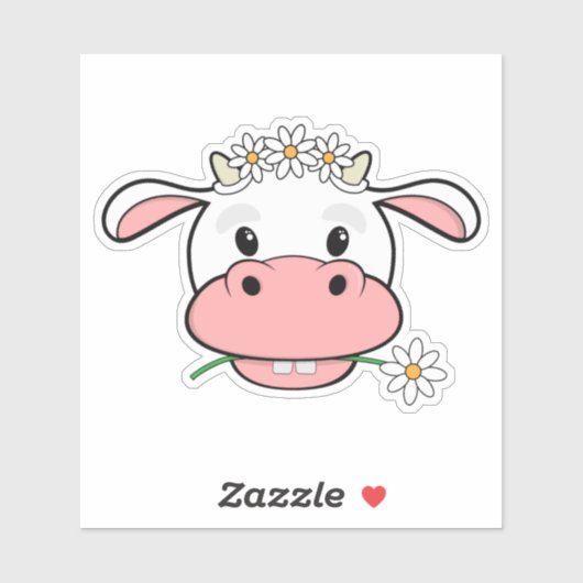 Kute Cartoon Koe Kaak een Daisy | Kawaii Sticker (Vel)