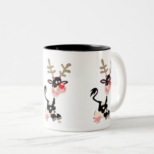 Kute Cartoon Koe Masquerading as Reindeer Tweekleurige Koffiemok (Voorkant rechts)