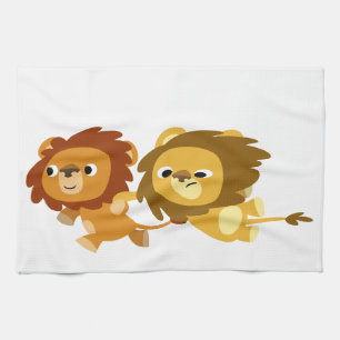 Kute Cartoon Lions in een Haast keukenhanddoek
