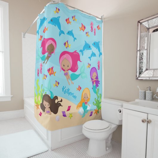 Kute Cartoon Mermaid Girl onder het Zee Bathroom Douchegordijn (In situ)