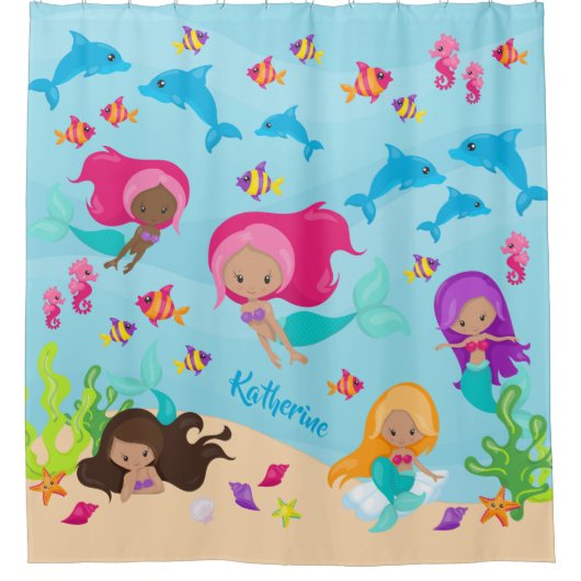 Kute Cartoon Mermaid Girl onder het Zee Bathroom Douchegordijn (Voorkant)