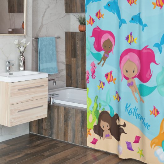 Kute Cartoon Mermaid Girl onder het Zee Bathroom Douchegordijn