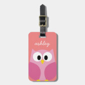 Kute Cartoon Owl in roze en koraal Bagagelabel (Voorkant verticaal)