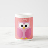 Kute Cartoon Owl in roze en koraal Porselein Kop (Voorkant)