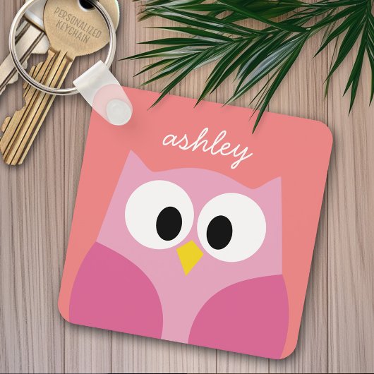 Kute Cartoon Owl in roze en koraal Sleutelhanger