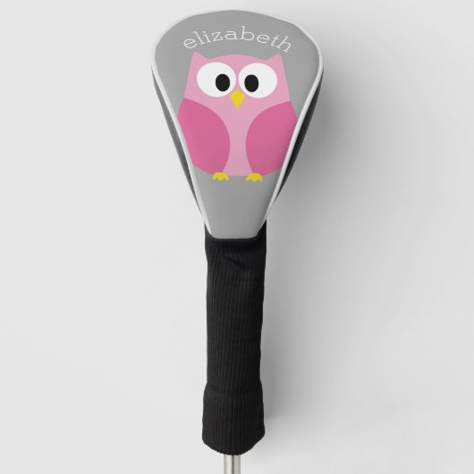 Kute Cartoon Owl - Roze en grijze aangepaste naam Golfheadcover (Voorkant)