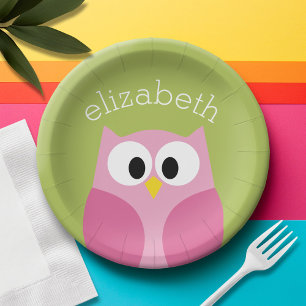 Kute Cartoon Owl - Roze en kalkgroen Papieren Bordje