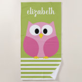 Kute Cartoon Owl - Roze en kalkgroen Strandlaken (Voorkant)