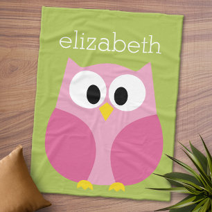 Kute Cartoon Owl - Roze en Leeggroene naam Fleece Deken