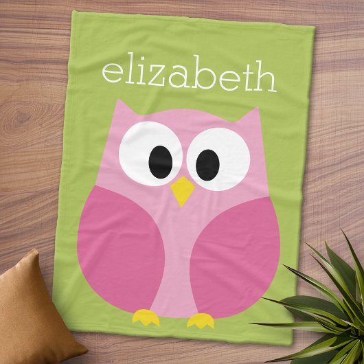 Kute Cartoon Owl - Roze en Leeggroene naam Fleece Deken