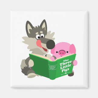 Kute Cartoon pig en Wolf die een boekmagneet lezen Magneet