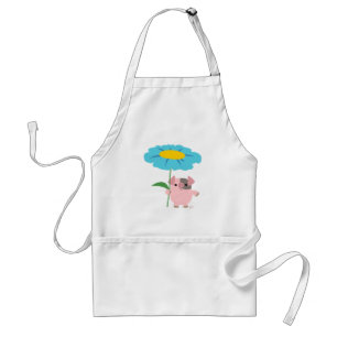 Kute Cartoon pig met geschept (blauw) geschenk Standaard Schort