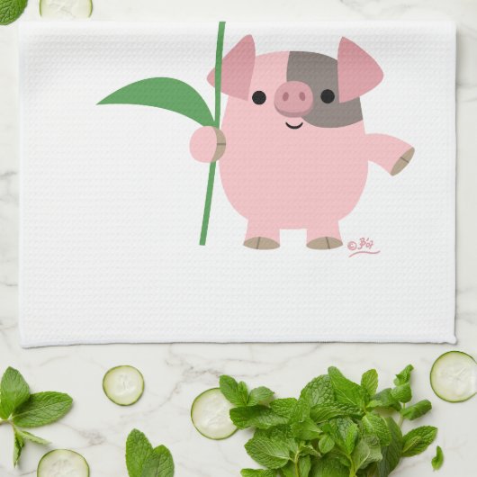 Kute Cartoon pig met Gift (blauw) keukenhanddoek (Gevouwen)