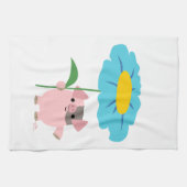 Kute Cartoon pig met Gift (blauw) keukenhanddoek (Horizontaal)